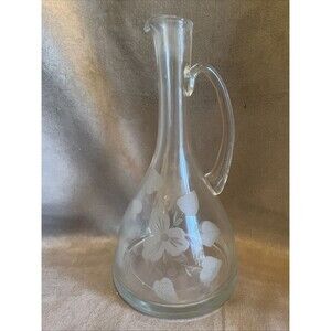 Vintage 11.5 “Tall Clear Glass Floral Pattern Etched Wine Decanter From Roumania